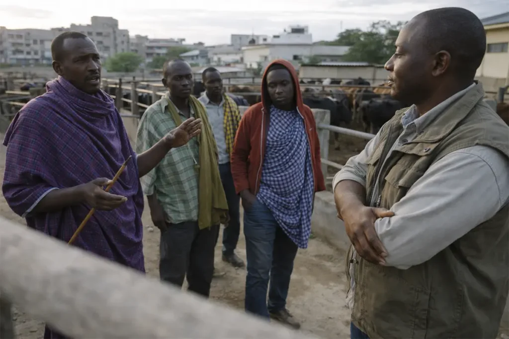 Livestock advisor engaging pastoralists in a field-based advisory discussion near cattle enclosures.