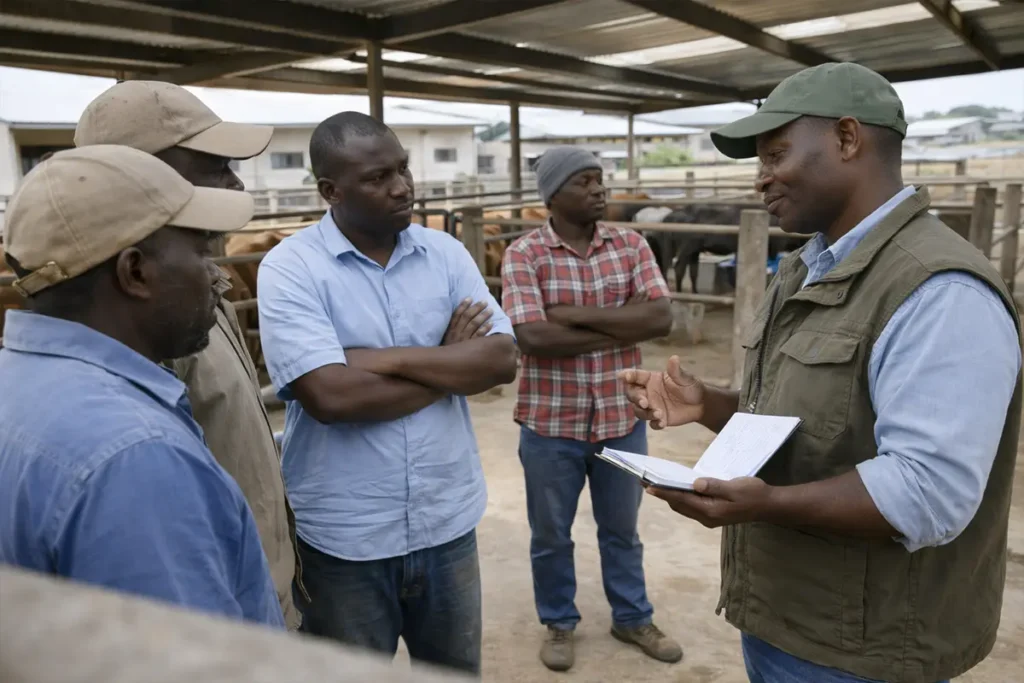 Livestock advisor leading a practical training and implementation review with farmers at a livestock facility.